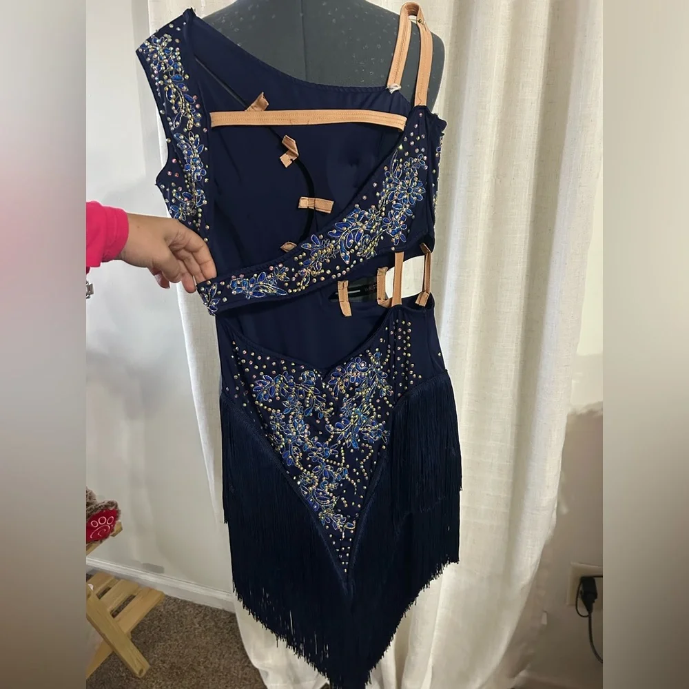 Navy and Silver Fringe Ballroom Rhythm Dance Dress - Picture 3 of 9